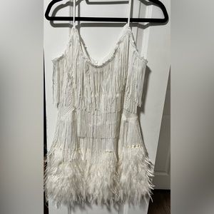 White fringe and feathered dress
